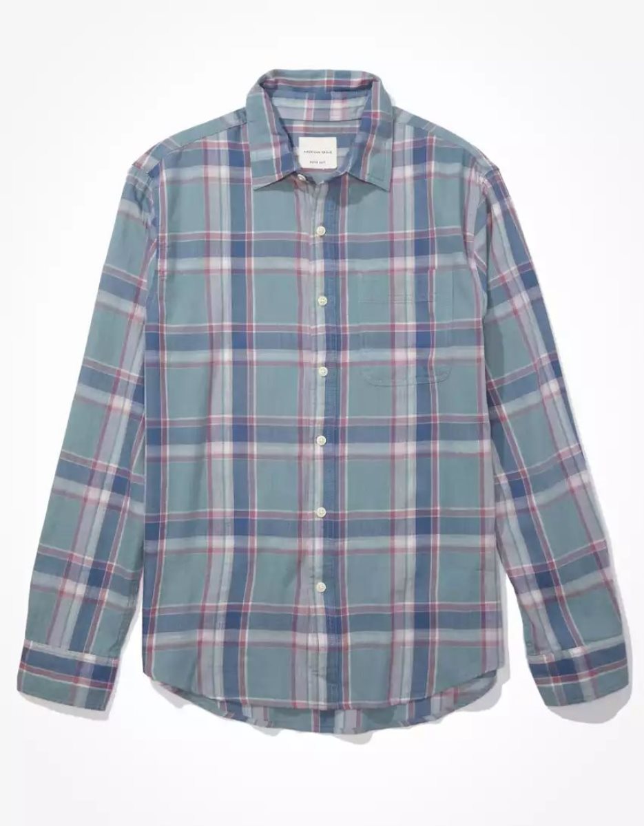 Hauts Flanelle American Eagle AE Super Soft Everyday Plaid Button-Up Shirt Bleu Homme | NOG-59791360